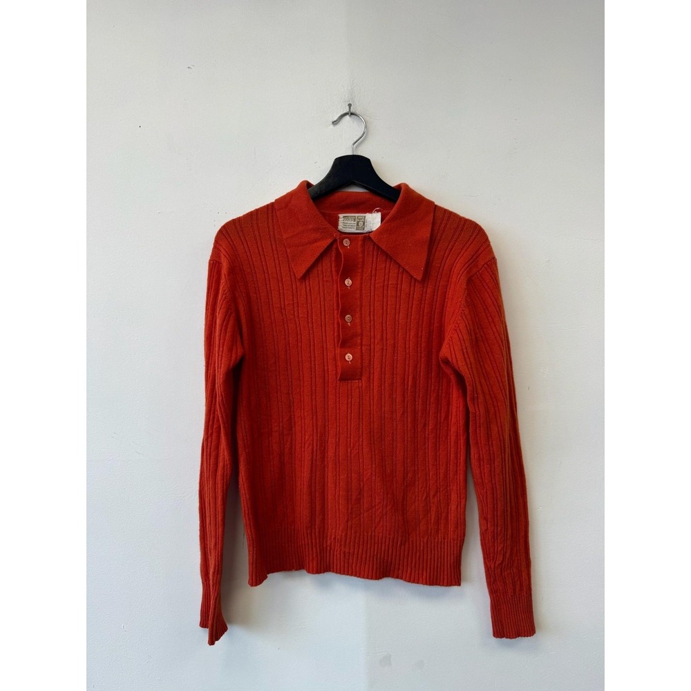 Vintage Montgomery‎ Ward Sweater Small Orange Ribbed Collared Henley 70s